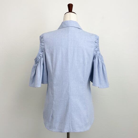 Pearl By Lela Rose Blue Flutter Sleeve Button-Up Shirt - Picture 6 of 8